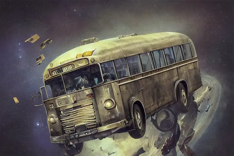 A destroyed bus floating through space