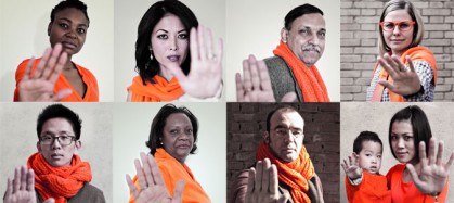 Collage of 8 people and one child wearing orange to recognize international day for the elimination of violence against women