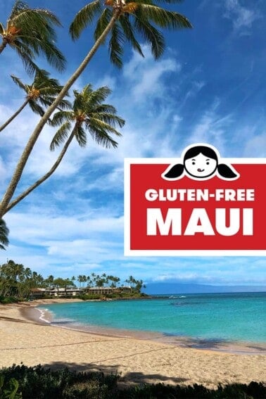 A beautiful beach with palm trees in Maui. There is a red banner that reads Gluten-Free Maui