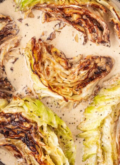 Close-up overhead shot of Creamed Cabbage showing the cabbage with a nice char.