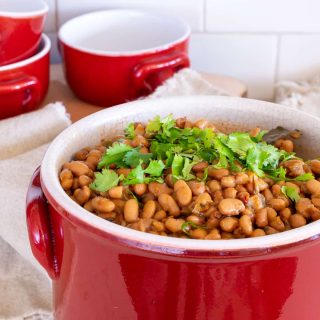 Pinto Beans in a red crock.