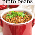 Red crockery filled with crock pot pinto beans.