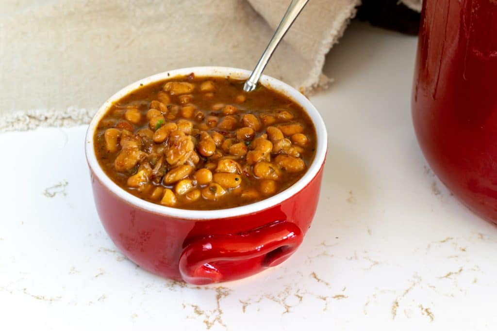 Pinto Beans in a red crock.