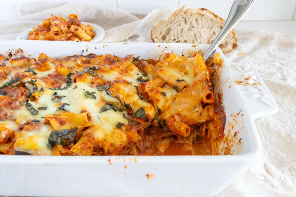 Rigatoni al Forno in baking dish.