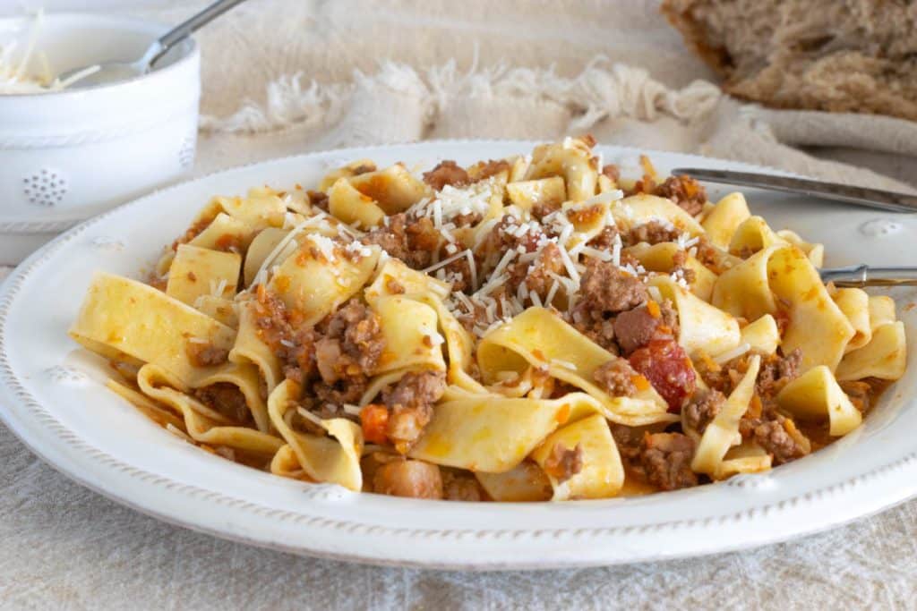 A plate of pappardelle with Authentic Bolognese Sauce.