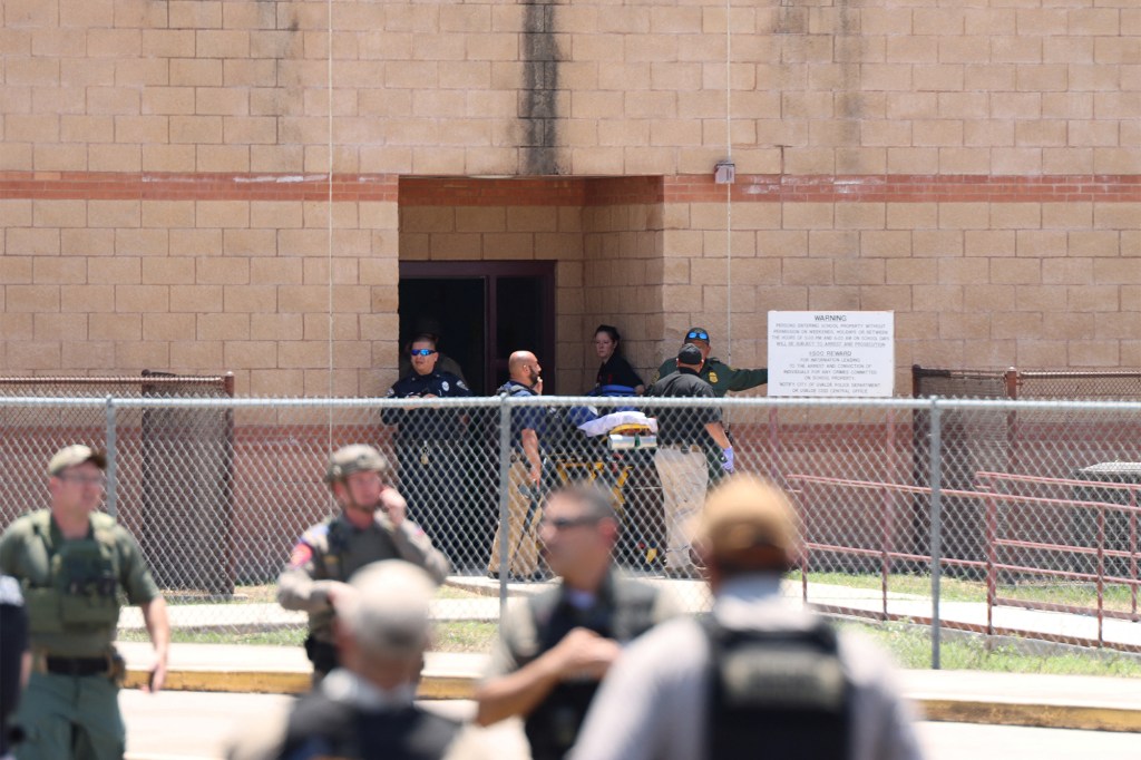 A stretcher is prepared during a mass shooting at Robb Elementary School where a gunman killed nineteen children and two adults in Uvalde, Texas, U.S. May 24, 2022.