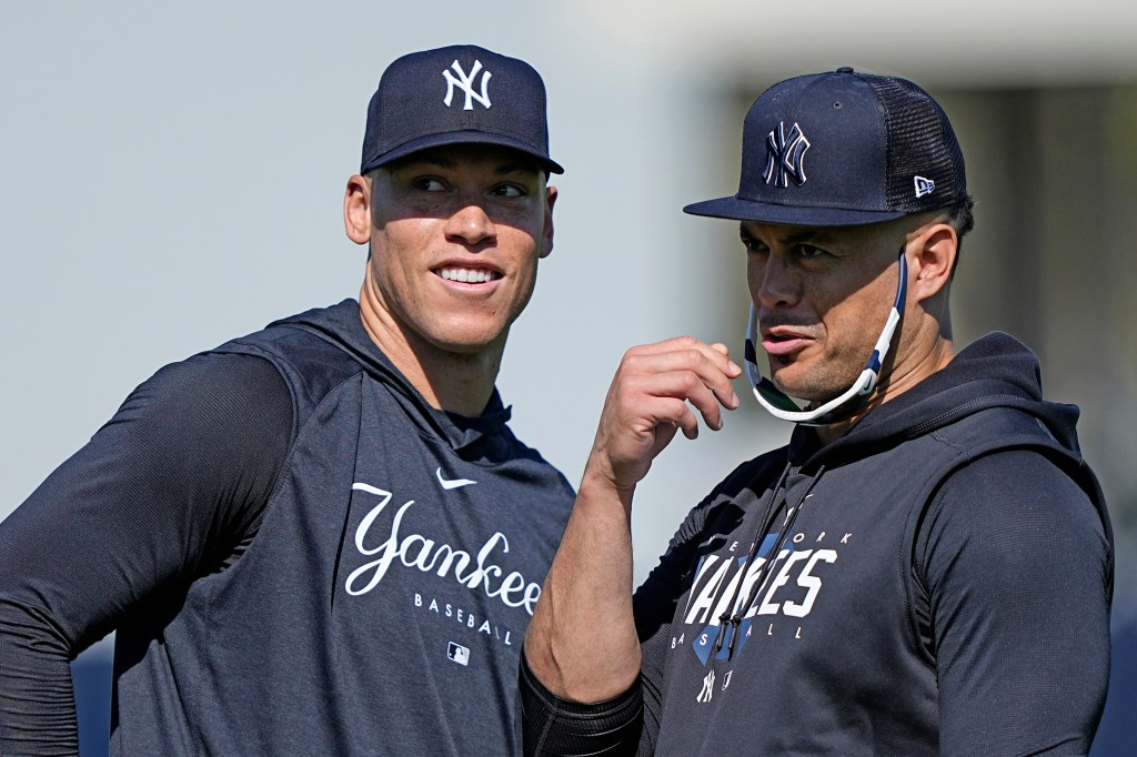 Aaron Judge (left) and Giancarlo Stanton at Yankees spring training on Feb. 20, 2023.