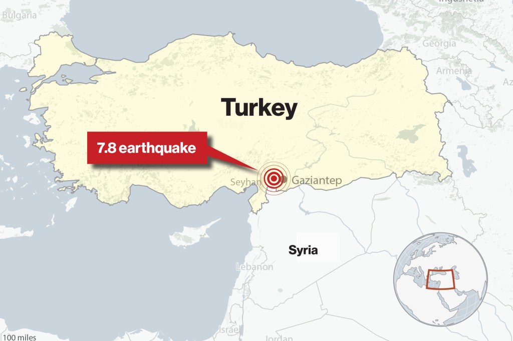 Map shows the epicenter of the devastating earthquake in Turkey.