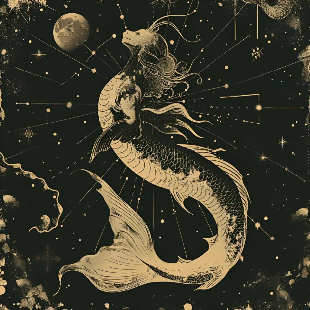 AI generated illustration of a celestial siren or sea goat ascending amidst stars towards the moon