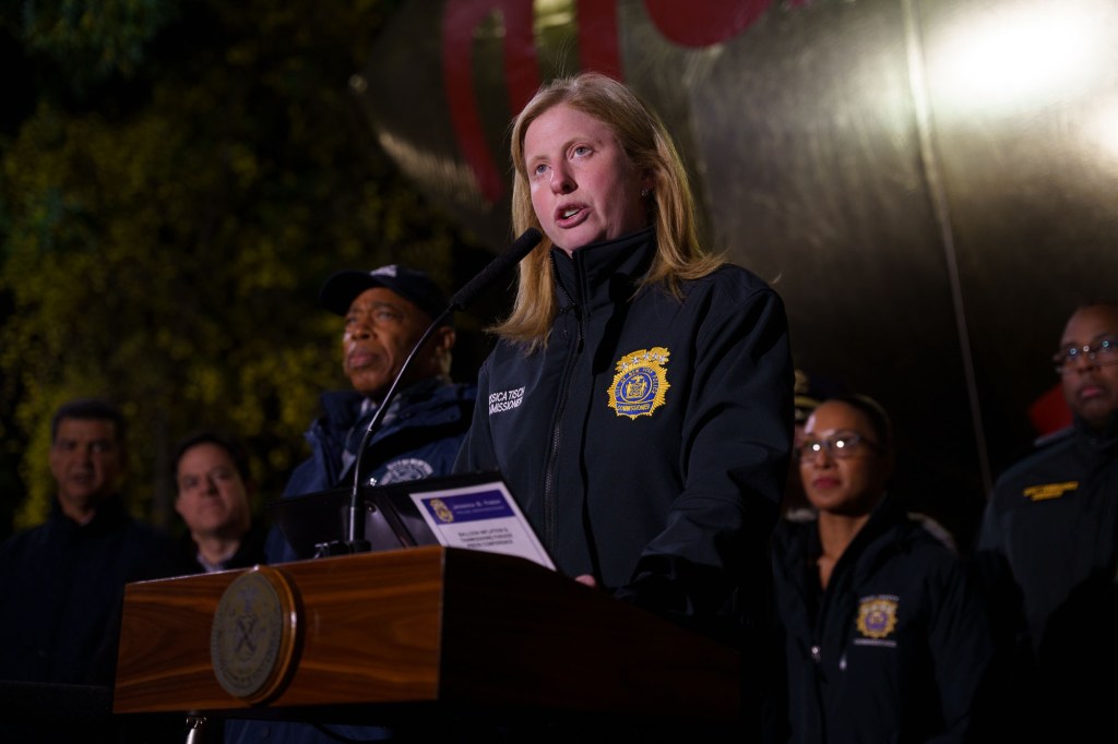 Mayor Eric Adams briefs New Yorkers on Thanksgiving Day Parade safety with New York City Police Department Commissioner Jessica Tisch and other administration officials at West 77th Street & Columbus Avenue, New York. Wednesday, November 27, 2024.