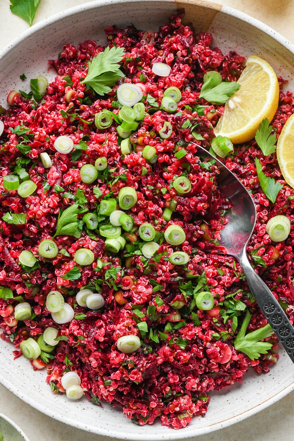 Quinoa and beet salad in a large shallow ceramic serving dish. The salad is garnished with sliced green onion, fresh chopped parsley, and lemon wedges on the side. A spoon is dipping into the salad to show the texture.