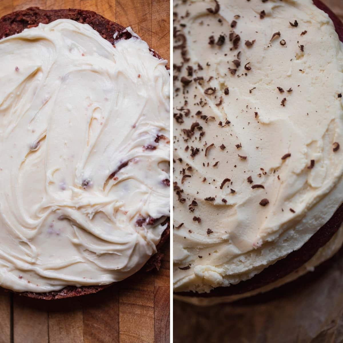 frosting the vegan red velvet cake