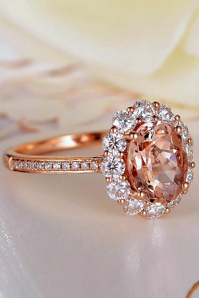 cheap engagement rings rose gold sparkling round cut morganite halo with pave band