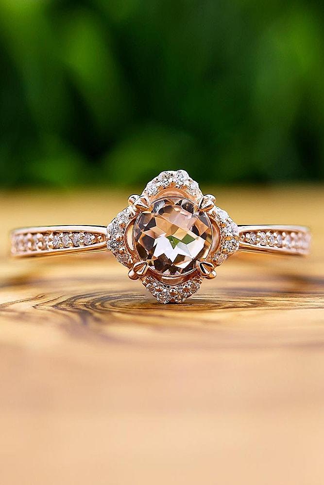 cheap engagement rings rose gold sparkling round cut morganite unique halo with pave band brilliant