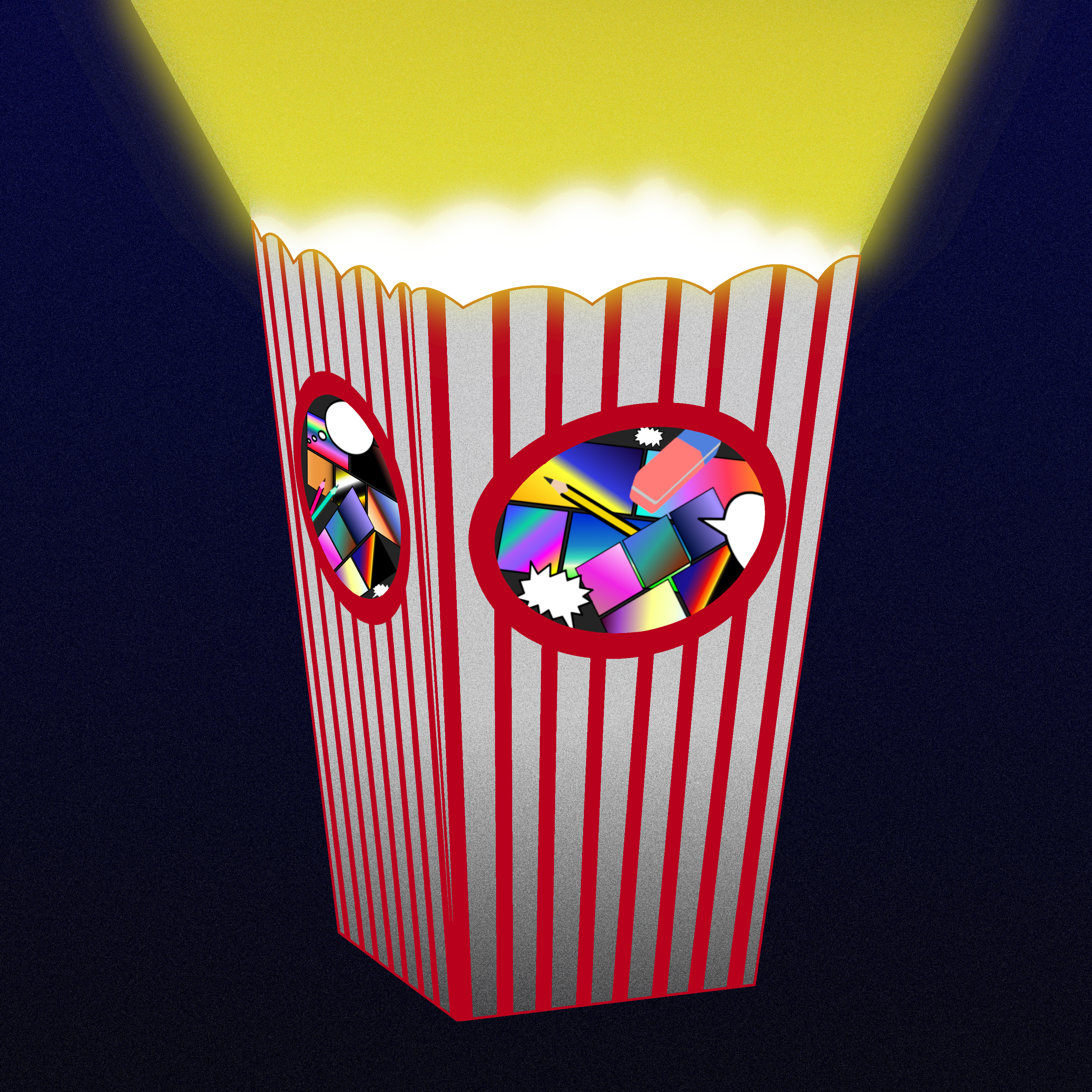 un paquet de popcorn d'où sortent des rayons de couleur