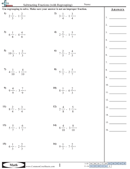 Subtracting Fractions (with regrouping) Worksheet | Free - CommonCoreSheets