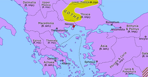 Political map of the Eastern Mediterranean on 21 May 268 (Crisis of the Third Century: Battle of Nessos), showing the following events: Aureolus; Battle of Nessos.