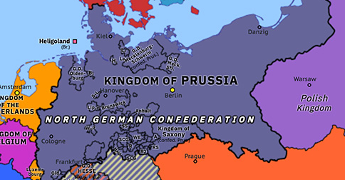 Political map of Northwest Europe on 01 Jul 1867 (German Unification: North German Confederation), showing the following events: Prussian Hanover and Hesse-Nassau; Treaty of Vienna; Cession of Lombardo-Venetia; Austro-Hungarian Compromise; North German Confederation.