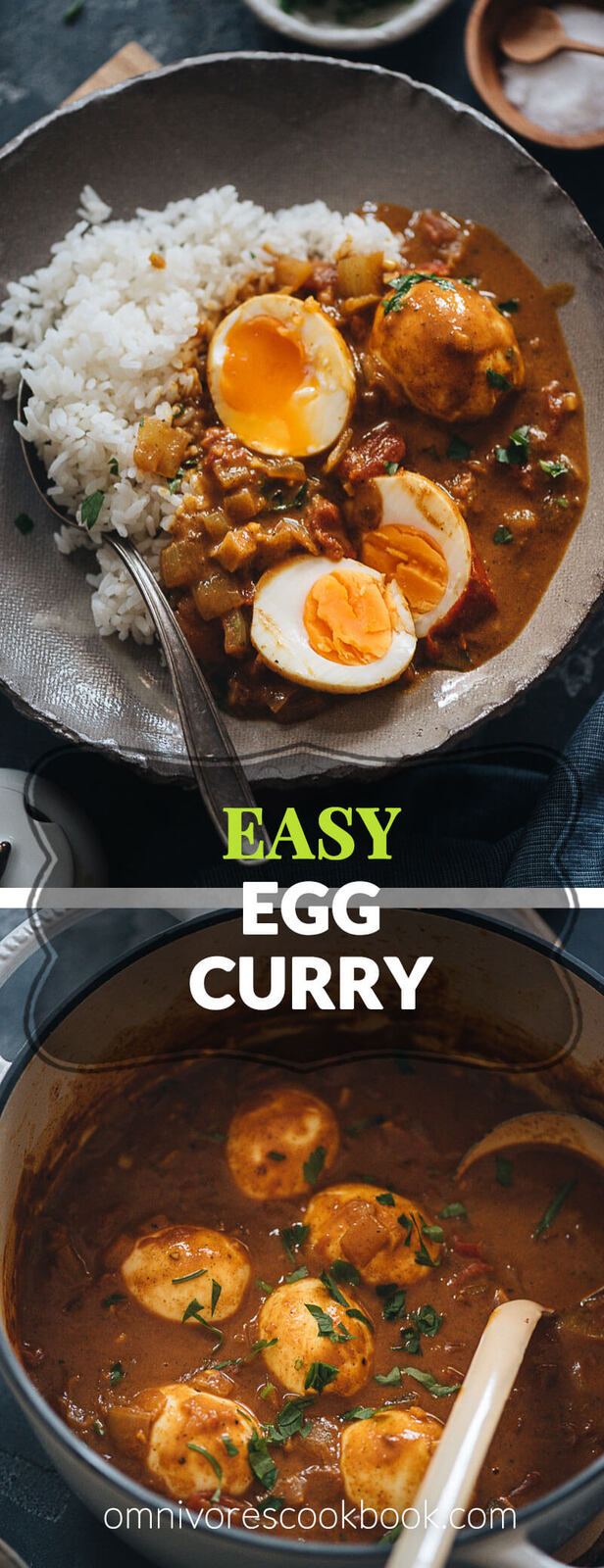 Easy Egg Curry - Tender eggs are smothered in a super rich curry sauce with a tomato and coconut base. The recipe shows you how to cook a tasty curry using minimal ingredients, making it a perfect dish for a busy weekday dinner. {Gluten-Free}