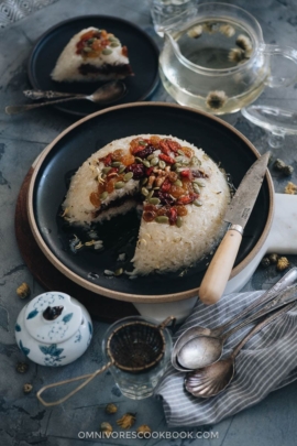 Sliced eight treasure rice with red bean paste