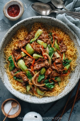 Hong Kong style beef and brown sauce over crispy noodles