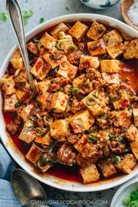 Homemade mapo tofu close up