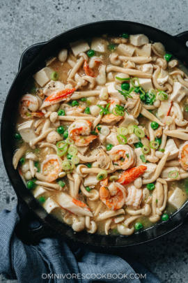 Seafood tofu stew close up