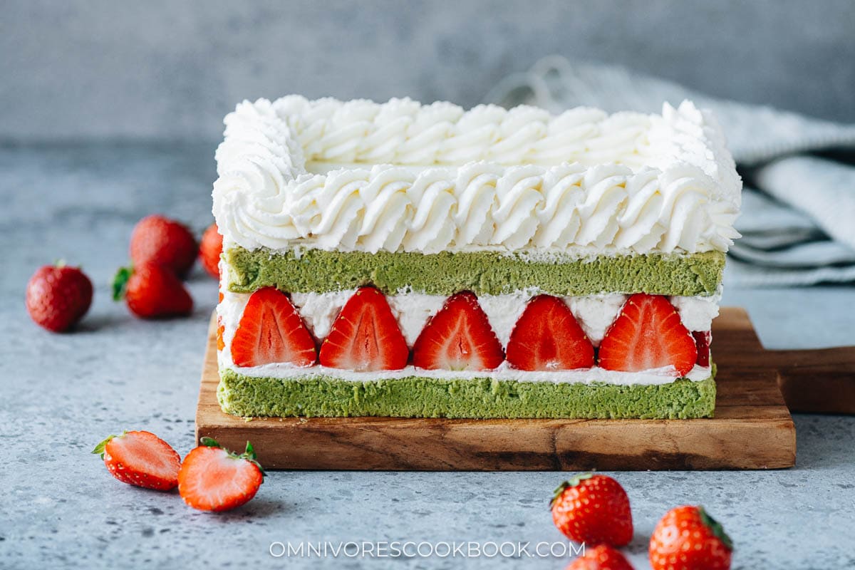 Homemade matcha cake on a cutting board