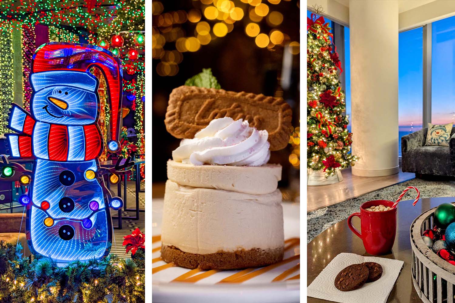 A collage of three holiday images from Ocean Casino Resort: a bright blue LED snowman surrounded by Christmas lights, a towering slice of white cheesecake with whipped cream and cookie garnish, and a red mug of hot chocolate with candy cane next to a decorated Christmas tree with ocean view