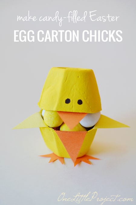 These fun little candy filled Easter egg carton chicks are a super cute Easter craft idea for kids.