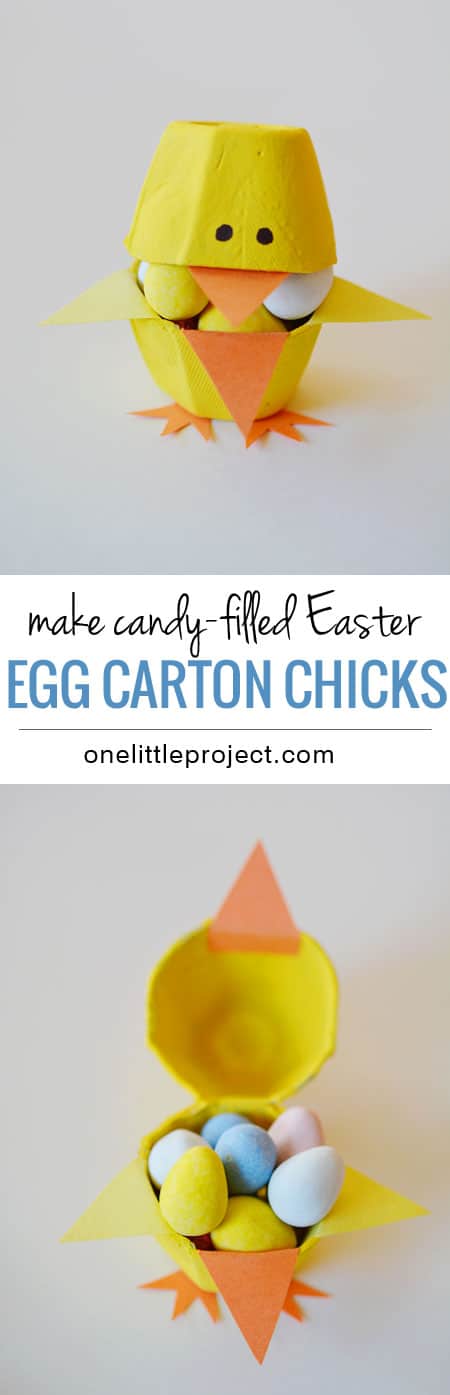 These fun little candy filled Easter egg carton chicks are a super cute Easter craft idea for kids.