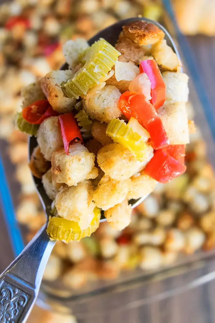 Spoonful of Stovetop Stuffing- Closeup Shot. 