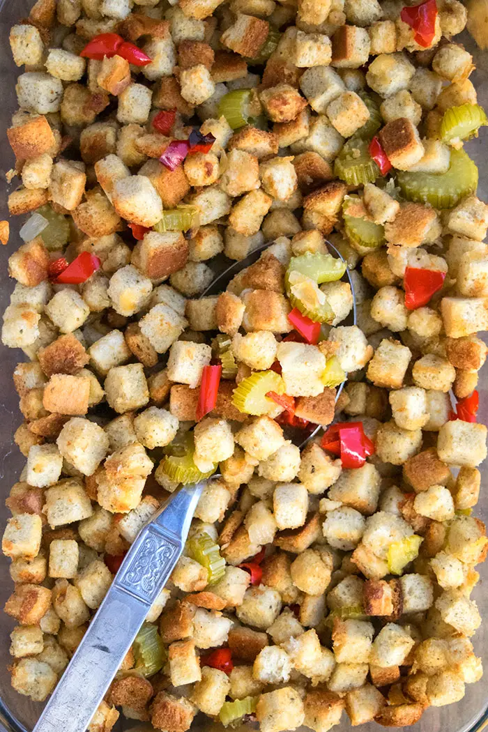 No Soggy Stuffing in Glass Dish With Spoon. 