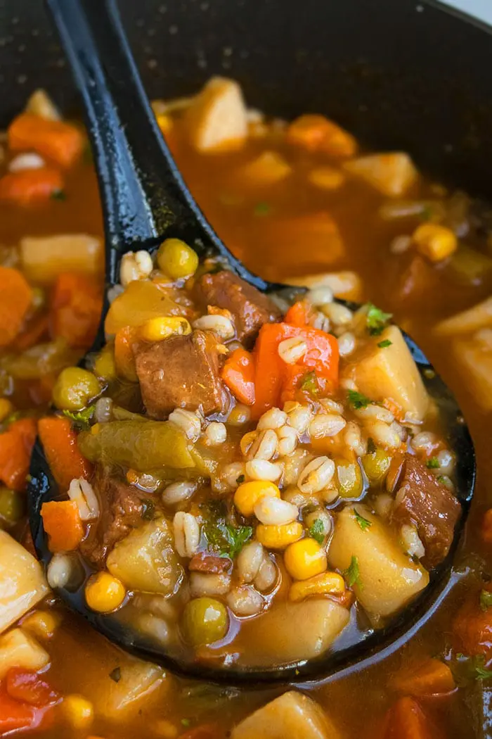 Spoonful of Easy One Pot Beef Barley Soup With Vegetables.