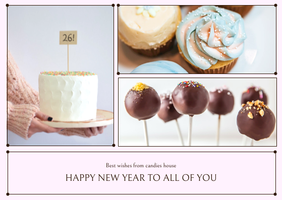 Editable postcards template:Pink Cakes Photos New Year Postcard