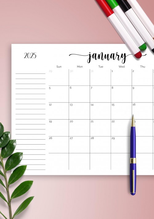 Monthly Calendar January 2025 with Notes Section