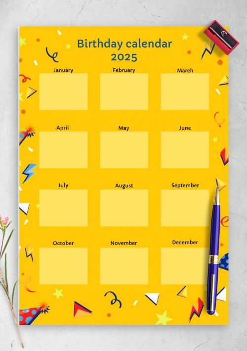 2025 Yellow Confetti Birthday Calendar