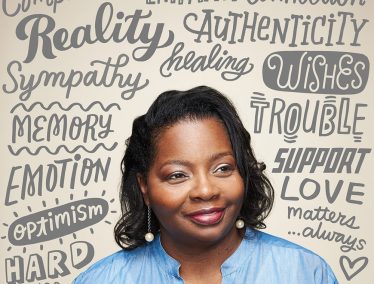 Photo-illustration of Melvina Reynolds surrounded by greeting card words