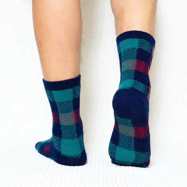 Teal Red Plaid Quarter Combed Cotton Socks for Men