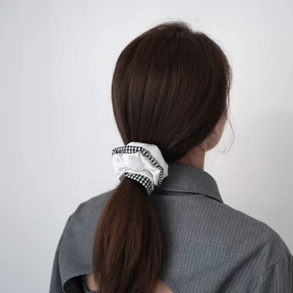 trend white silk scrunchie with plaid edge