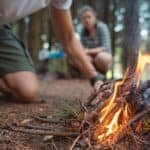 Person building a campfire in a forest setting, with a focus on the flames and firewood, and another individual in the background observing.