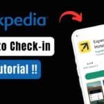 Expedia logo with a smartphone displaying the hotel check-in tutorial, featuring step-by-step guidance for users on how to check in using the Expedia app.