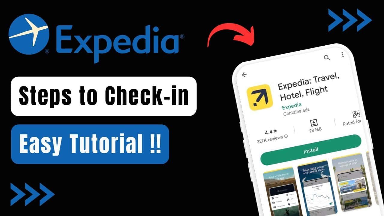 Expedia logo with a smartphone displaying the hotel check-in tutorial, featuring step-by-step guidance for users on how to check in using the Expedia app.