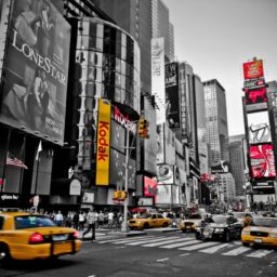 The free high-resolution photo of pedestrian, road, traffic, street, city, new york, cityscape, downtown, taxi, transport, red, nyc, usa, yellow, lane, yellow cab, art, infrastructure, metropolis, urban area , taken with an unknown camera 03/26 2017