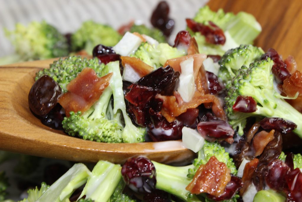 broccoli salad ingredients in a bowl