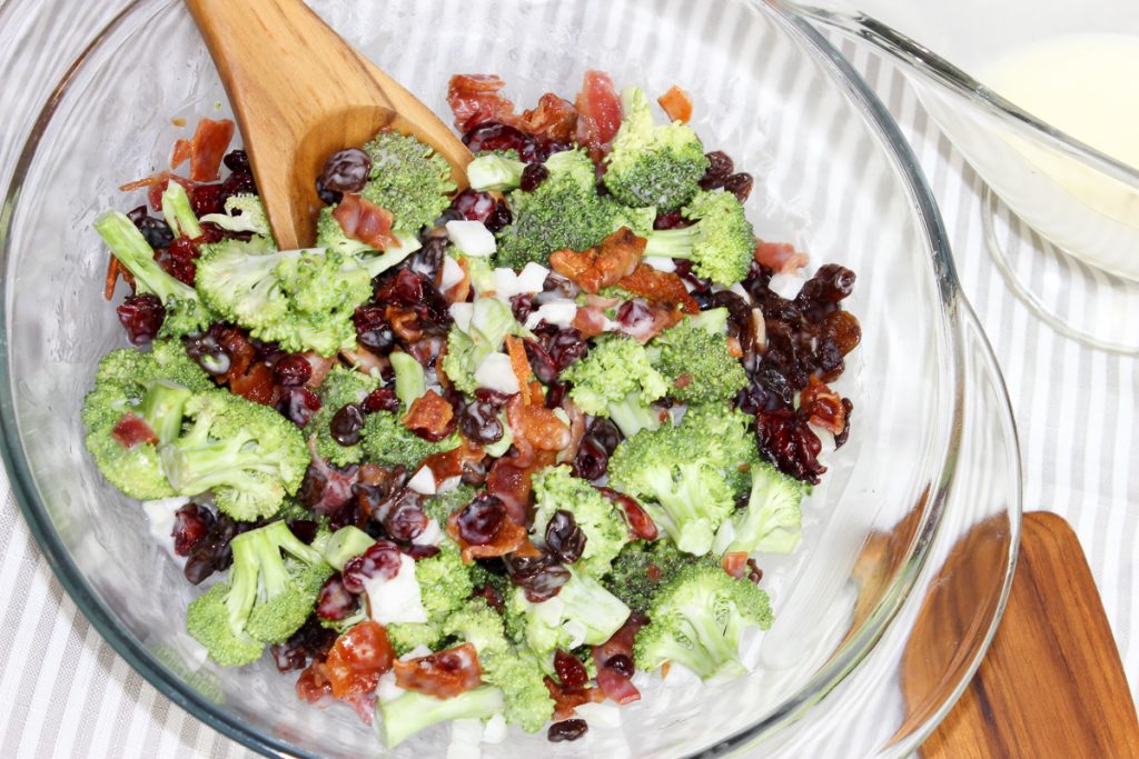 broccoli salad ingredients in a bowl