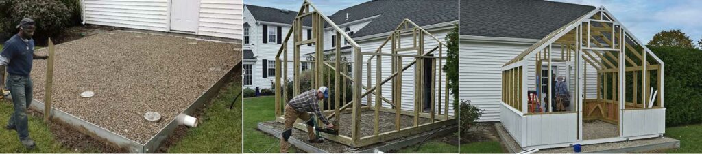 3 Photo collage of a greenhouse being built from the patio to the structure