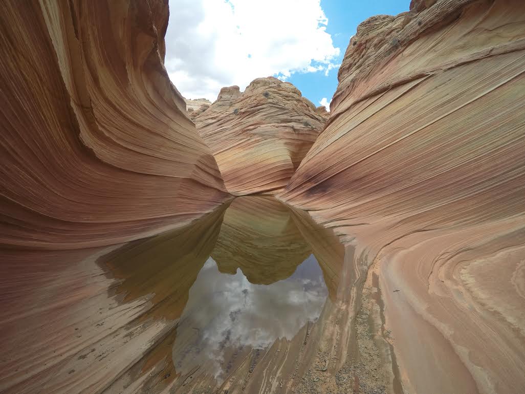 Red and white sandstone wave formation in Arizona with pool of water at its base