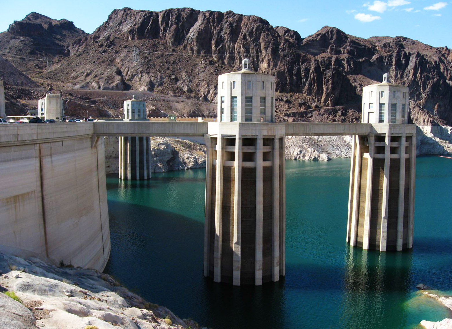 A dam in blue water.