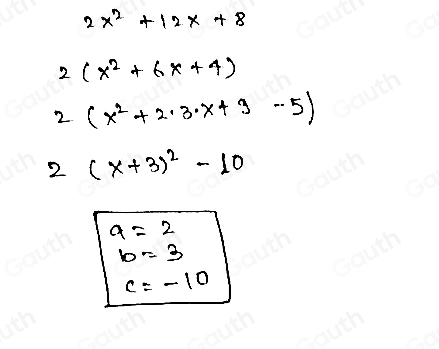 Solved: Express 2x^2+12x+8 in the form a(x+b)^2+c , where a, b and c ...